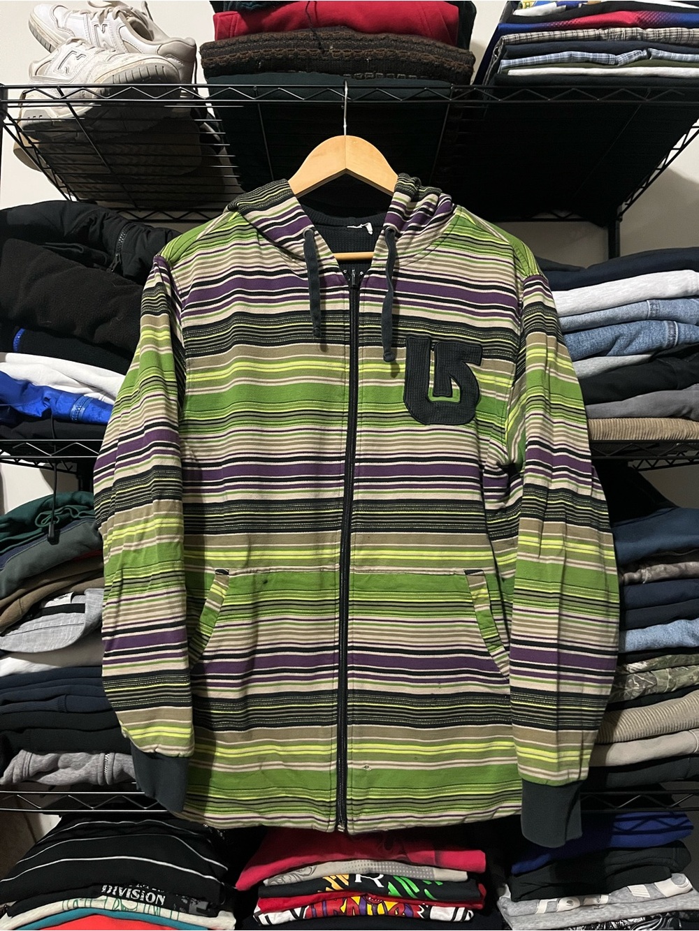 Striped Green Zip Hoodie with Chest Logo